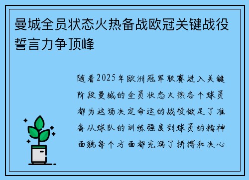 曼城全员状态火热备战欧冠关键战役誓言力争顶峰